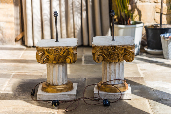 A Pair of Painted Pale Aqua and Gilt Wood Lamp Bases