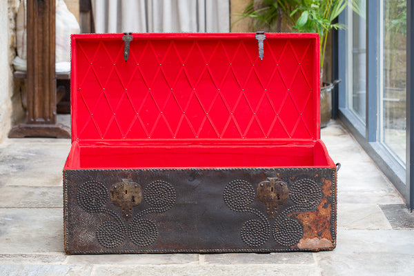 17th Century Spanish Antique Leather Ships Trunk
