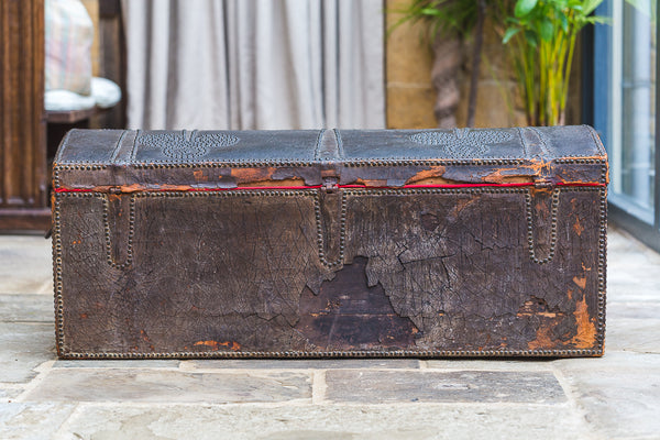 17th Century Spanish Antique Leather Ships Trunk