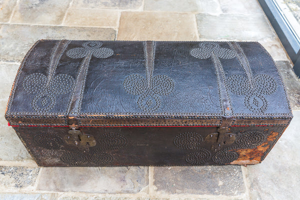 17th Century Spanish Antique Leather Ships Trunk