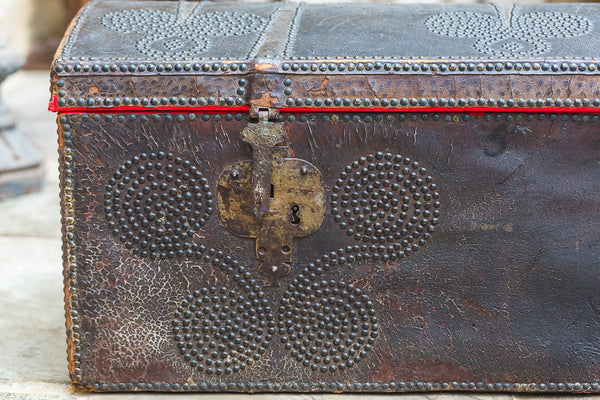 17th Century Spanish Antique Leather Ships Trunk