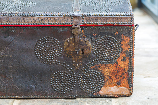 17th Century Spanish Antique Leather Ships Trunk
