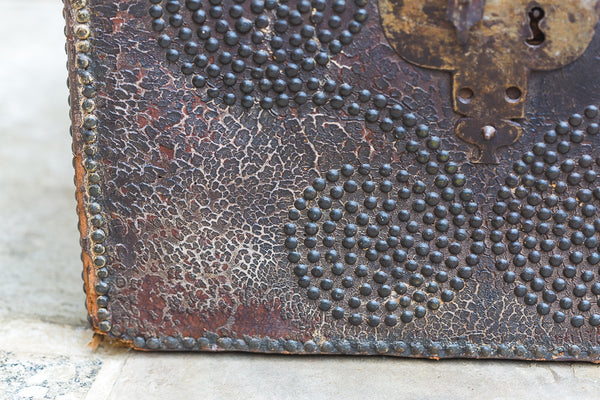 17th Century Spanish Antique Leather Ships Trunk