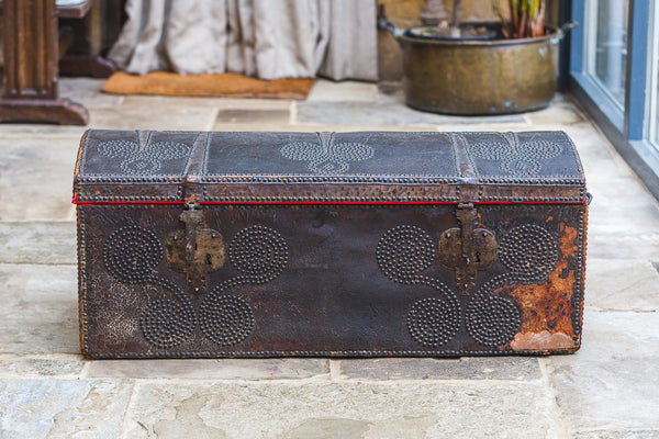 17th Century Spanish Antique Leather Ships Trunk