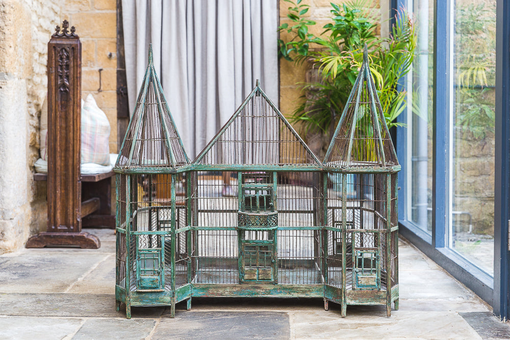 French Rustic Wood and Metal Antique Birdcage