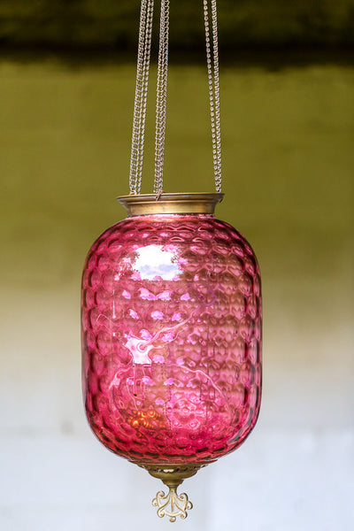 Offbeat Interiors - A Beautiful Near Pair of Cranberry Glass Hanging Lights