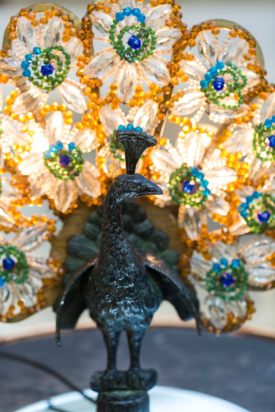 Offbeat Interiors - 1920's Bronzed Gilt Metal and Glass Peacock Lamp